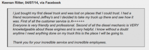 Here is what one recent customer said about one of our diesel mechanics: