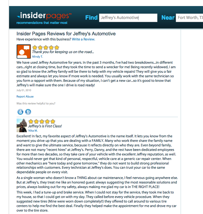 Customer Reviews for Jeffrey's Automotive from Insider Pages
