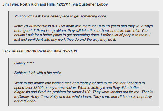 North Richland Hills customer at Jeffrey's Automotive