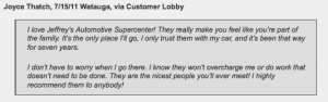 Testimonial: Watauga (76137 & 76148) customer review for Jeffrey's Automotive Repair