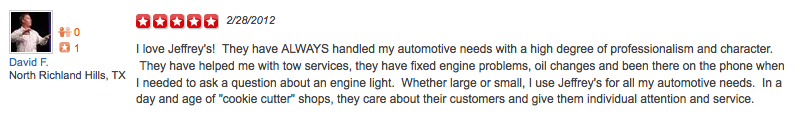 Yelp review of Jeffrey's Automotive Repair