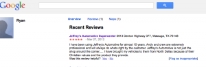 (Dallas) Ryan's Google Review of Jeffrey's Automotive