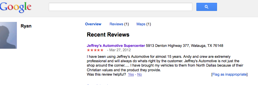 (Dallas) Ryan's Google Review of Jeffrey's Automotive - Christian values