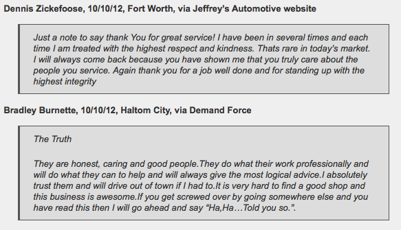 5-star reviews of Fort Worth Customers of Jeffrey's Automotive Repair