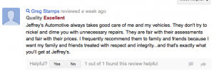 Greg Stamps review of Jeffrey's Automotive - Fort Worth - shared on Google