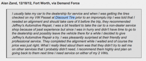 Discount Tire: Refers Customer Alan Zand to Jeffrey's Automotive