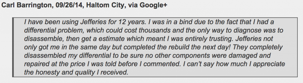 Carl from Haltom City gave Jeffrey's Automotive a raving review last month: