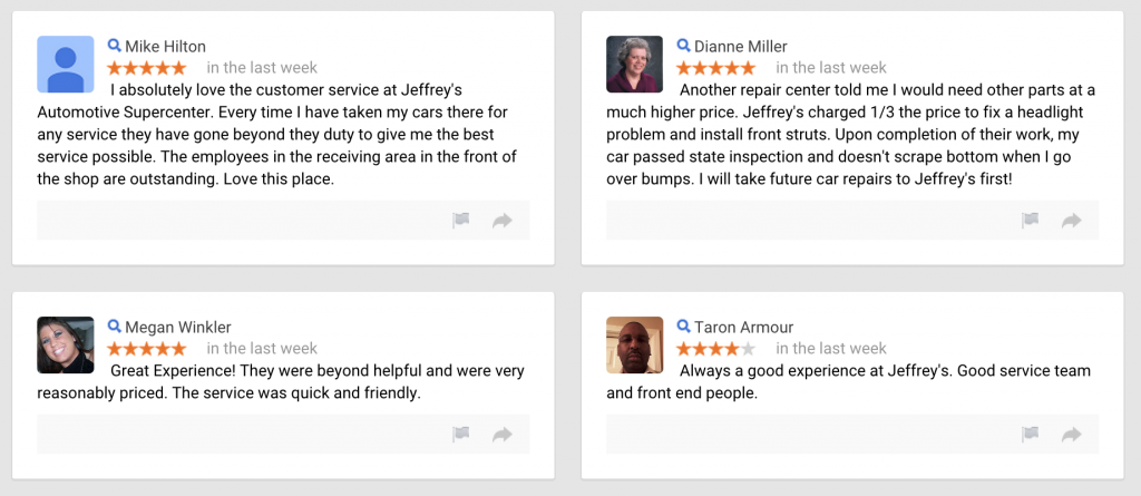 New Google Reviews about Jeffrey's Automotive suggest price and service matter most!