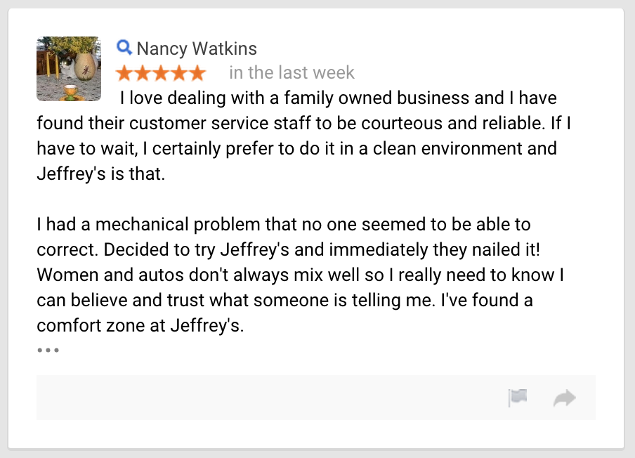 Women and autos don't always mix well . . . I've found a comfort zone at Jeffrey's Automotive ! Fort Worth Mechanic