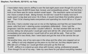 Fort Worth customer says Jeffrey's Automotive is a stand-up auto shop with honest, caring, professional people