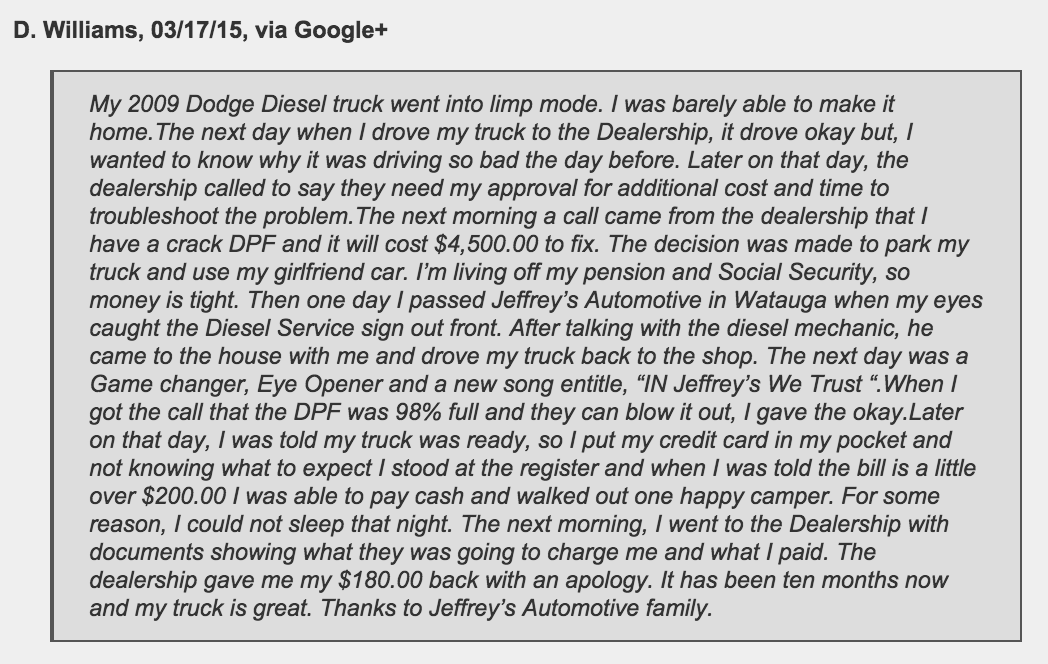 Diesel truck owner raves about Jeffrey's Automotive in Fort Worth