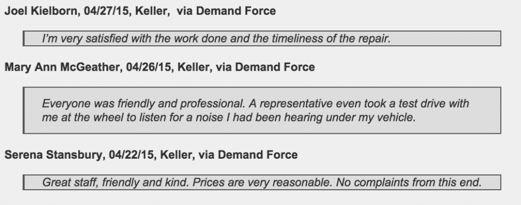 Keller customers offer glowing reviews of Jeffrey's Automotive