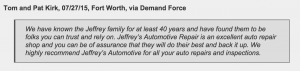 Fort Worth customer calls Jeffrey's an excellent auto repair shop
