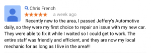 New Fort Worth area customer says Jeffrey's is "my local mechanic for as long as I live"!