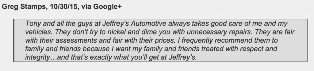 NRH customer recommends Jeffrey's Automotive to friends