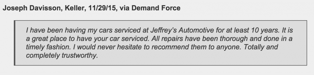 Keller customers give reviews of their auto repair shop