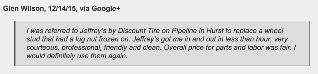 Discount Tire - referral to Jeffrey's Automotive