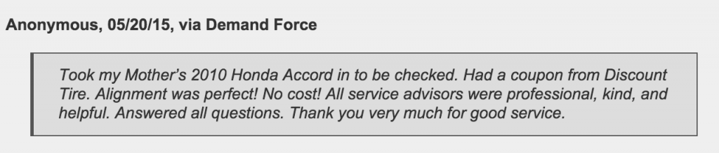 Discount Tire - referral to Jeffrey's Automotive