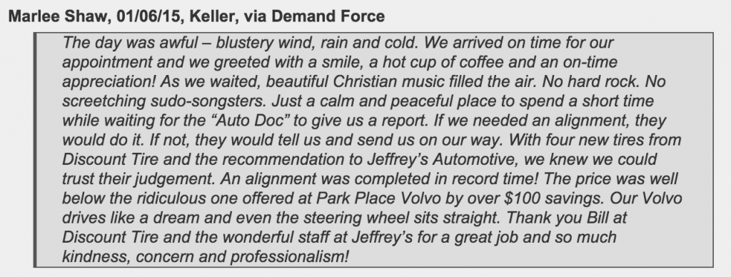 Discount Tire - referral to Jeffrey's Automotive