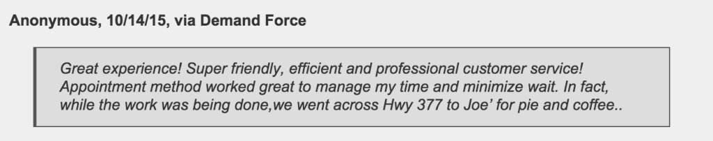 Fort Worth customer loves Jeffrey's Automotive Appointment System