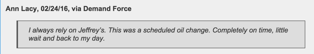 Oil change: customers review Jeffrey's Automotive in Watauga