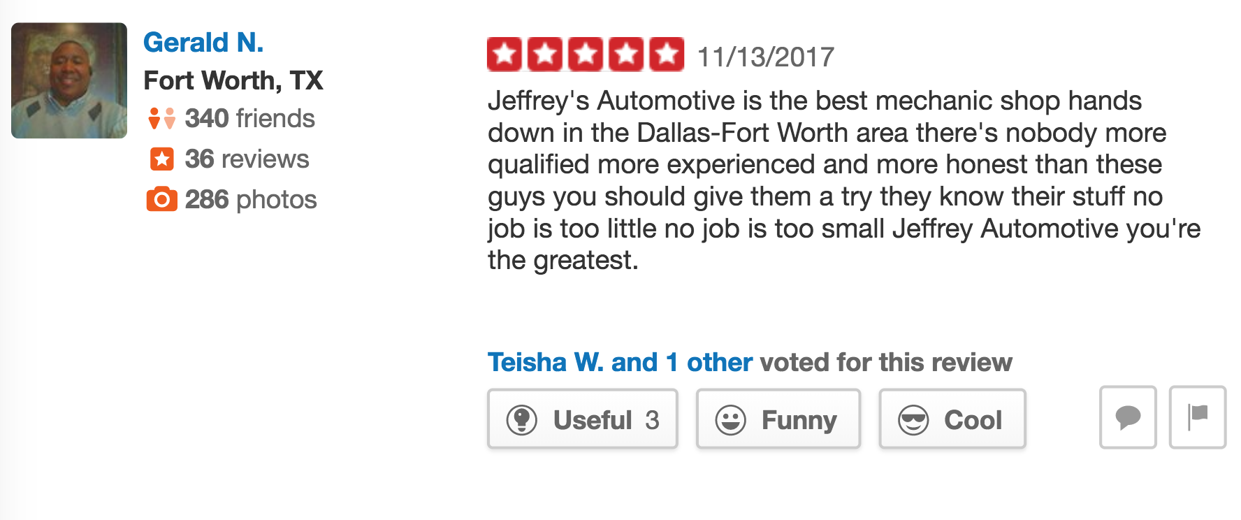Long-time Ford customer raves about Jeffrey's on Yelp
