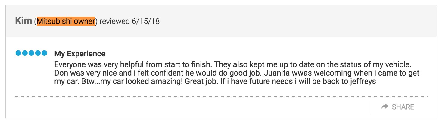 Mitsubishi owner gives 5 stars to Jeffrey's Collision Center