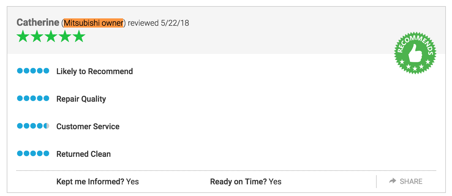 Mitsubishi owner gives 5 stars to Jeffrey's Collision Center