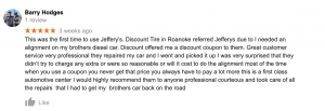 Roanoke customer gives 5 stars about diesel service at Jeffrey's
