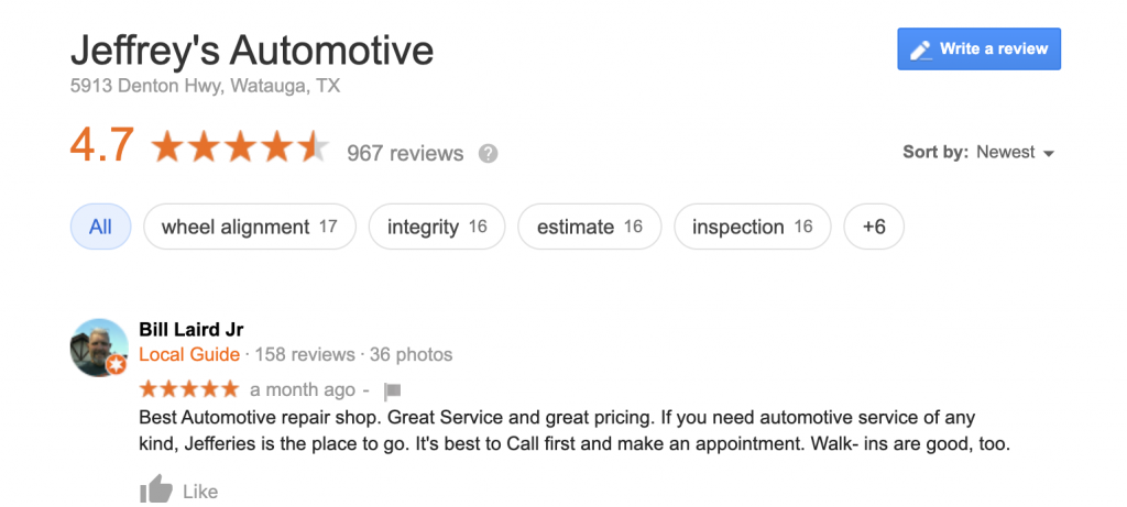 Customer review: Jeffrey's is the best automotive repair shop