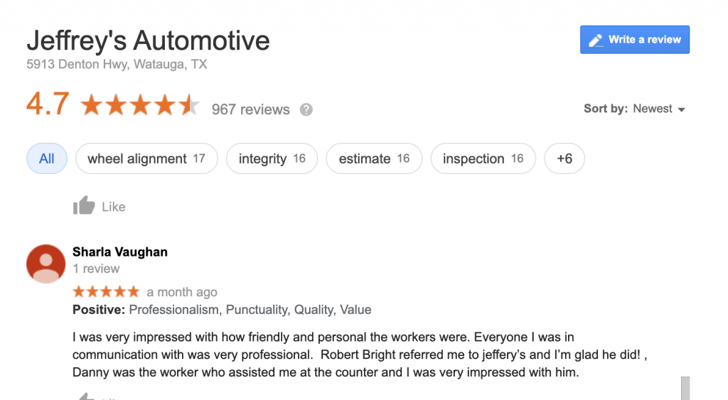 Euless customer review: Jeffrey's is professional auto repair